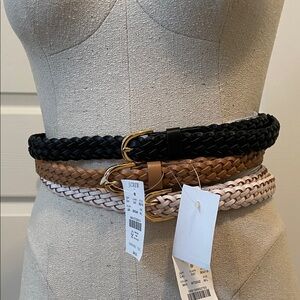 J. Crew Factory Slim Braided Leather Belts Sz M/L-Set of 3 in Black, White & Tan